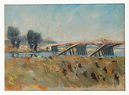 Flußlandschaft mit hölzerner Brücke