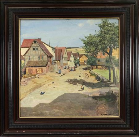 Village street in summer with a rich scenery of figures and chickens