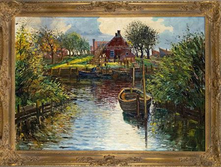 Impressionist landscape with fishermen on a jetty
