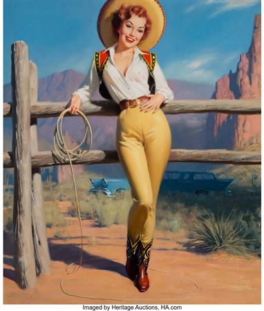 Howdy, Brown and Bigelow calendar illustration, 1952 by William Edward (Bill) Medcalf - Auction record, sale price, and art valuation. Compare with similar artists and explore comparable artworks.