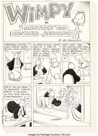 Bud Sagendorf Popeye #5 Complete 6-Page "Wimpy" Story "Another Day Another Breakfast!" Original Art (Dell Comics, 1949)