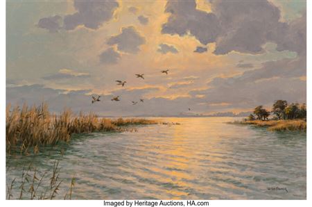 Ducks in Flight, Evening by Ulrich Fischer - Auction record, sale price, and art valuation. Compare with similar artists and explore comparable artworks.