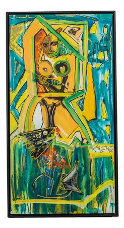 An abstract figural image surrounded by fish and a flower arrangement in a yellow, green, orange and blue color palette by Neith Nevelson - Auction record, sale price, and art valuation. Compare with similar artists and explore comparable artworks.