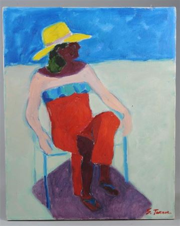 Woman in a red dress and yellow hat