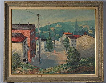 Street with figures in a hilly American town