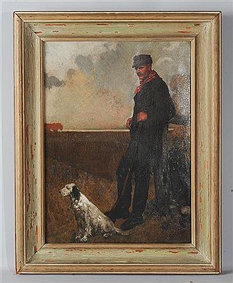 Hunter with cap, red kerchief and gun, an English Setter at his feet