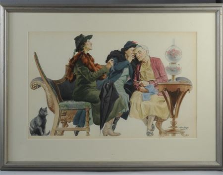 Three women gossiping, a cat nearby