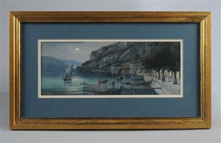 Nocturnal view of an Italian coastal village under a full moon