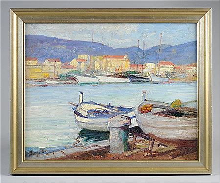 Harbor scene with boats and sunlit buildings