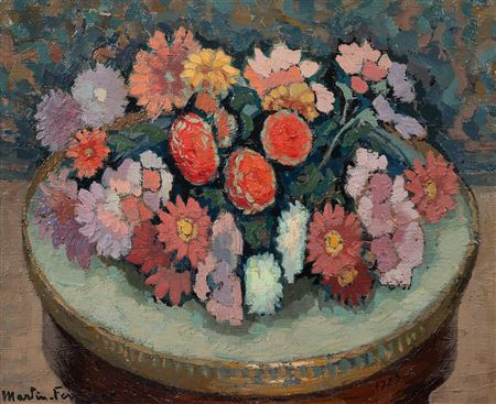 Dahlias sur bouillotte en marbre, 1955