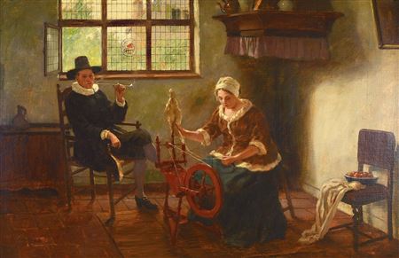 In der niederländischen Stube, Frau am Spinnrad by Hugo Krings - Auction record, sale price, and art valuation. Compare with similar artists and explore comparable artworks.