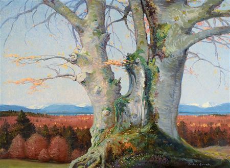 Knorriger Baum vor Alpenpanorama, Anspielung auf Caspar David Friedrich