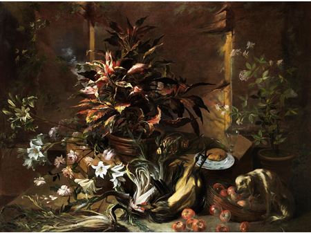 STILL LIFE WITH POTTED PLANTS, VEGETABLES AND A DOG