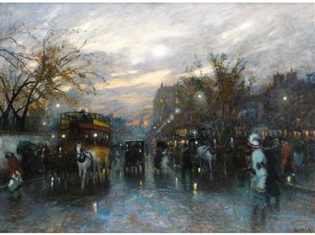 Depiction of a busy boulevard in the evening hours