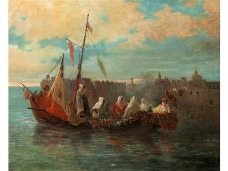 FESTIVELY DECORATED BOAT WITH FIGURES IN FRONT OF ORIENTAL HARBOR SET by Giacomo Campi - Auction record, sale price, and art valuation. Compare with similar artists and explore comparable artworks.