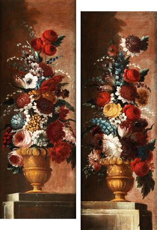 FLOWER STILL LIFE IN A VASE and TALL FLORAL ARRANGEMENT ON STONE PEDESTAL