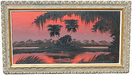 A sunset landscape painting with egrets.