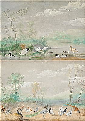 Peacock, rooster, hens, pheasant, heron, stork and ducks on a lake landscape background (2)