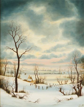 View on the snowy thatched cottages