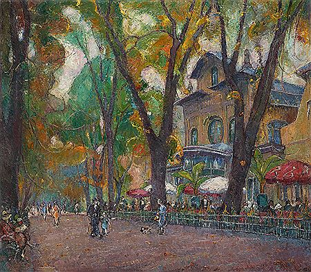 Strollers in front of the Plant Pavilion in Krakow. By Mecislas Rakowsky.