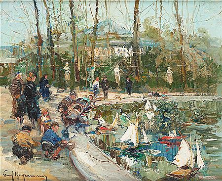 Children playing with their little boat in the park of Brussels.