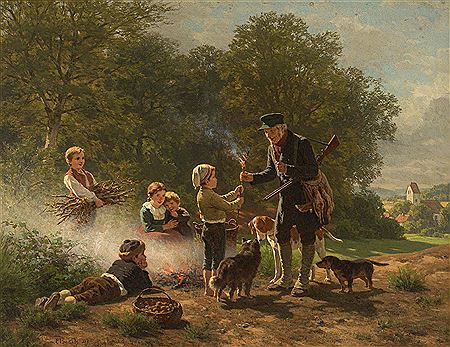 Hunters and children by the potato fire