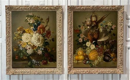 Allegory Of Spring Still Life Paintings With Flowers And Autumn With Game Birds (Pair)