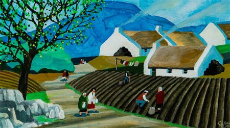 Sample artwork by Cupar Pilson (Born 1943), known for landscapes with figure paintings, folk art style - View similar artists and auction records