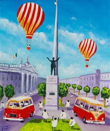 'ANDY PATS WANDERING SHEEP TAKE A CRUSE AROUND O'CONNELL STREET, DUBLIN'