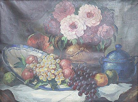 Still life with a bouquet of roses, a sliced ​​melon, an arrangement of peaches, grapes and apples and a lidded jar