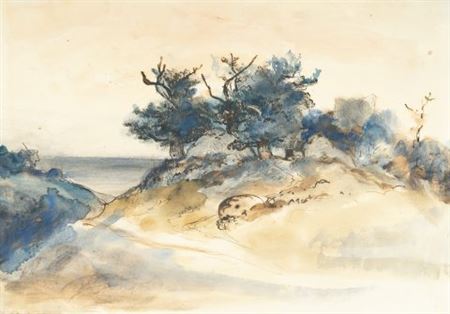 Dune landscape with a burial mound surrounded by oaks