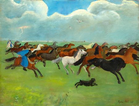 Thunderstorm on the Plains (Wild Studs), 1939 by Elek Gyori - Auction record, sale price, and art valuation. Compare with similar artists and explore comparable artworks.
