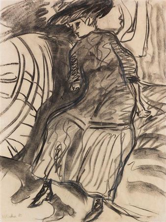 Girl sitting on the bed. 1908.