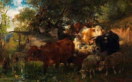 Kühe und Schafe an der Tränke. Um 1880.