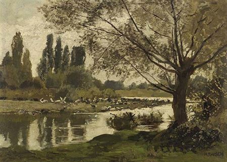 Flußlandschaft mit Vögeln und Weide, 1880/90.