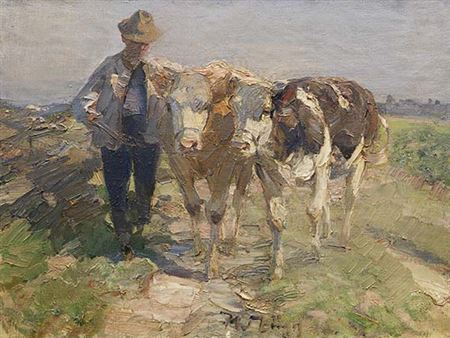 Bauer mit Kühen, Um 1915-20.