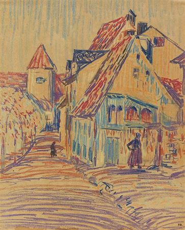 Group of houses and city tower , around 1906.