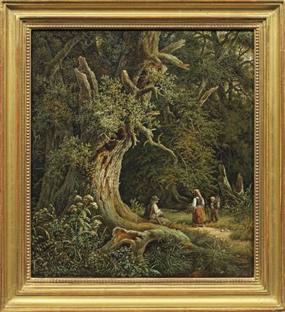 Romantische Waldlandschaft mit Bauernfamilie beim Reisigsammeln