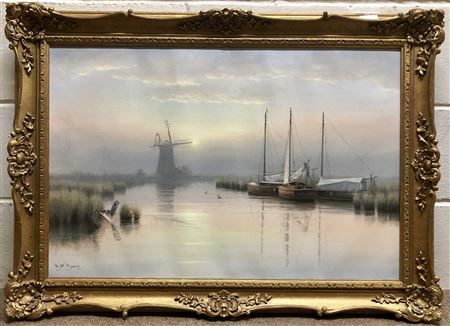 Broadland landscape, moored sailboats with a windmill in the distance