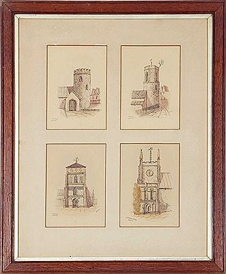 Four panelled pen and wash studies of Norwich: St Stephens; St Michaels; St Benets and St Julians