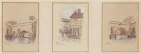 Three panelled pen and ink sketches: St Giles, Fishmongers and Whitefriars, Norwich