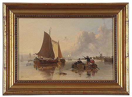 Figures in a rowing boat with sailboats beyond