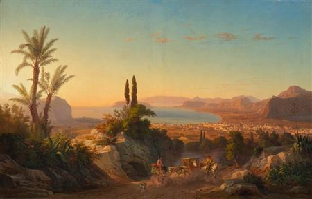 View of the Gulf of Palermo and Capo Zafferano with travellers