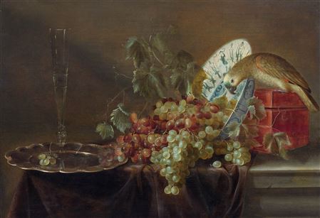 Still life with grapes and a parrot