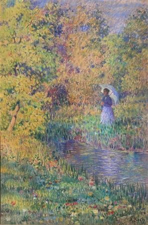 Woman with a parasol in a garden