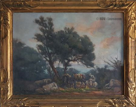 Algerian landscape with a man and his two donkeys at rest
