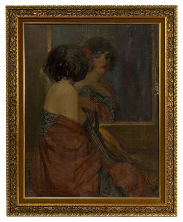 Portrait of female figure looking in mirror