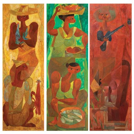 Triptych of Philippine Country Life: a) Sabungeros b) Vendors c) Rice Planter