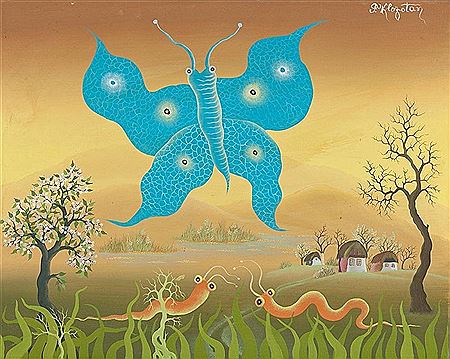 Blauer Schmetterling Landschaft mit blühendem Baum und Regenwürmern