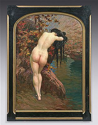 Long-haired bather by a river